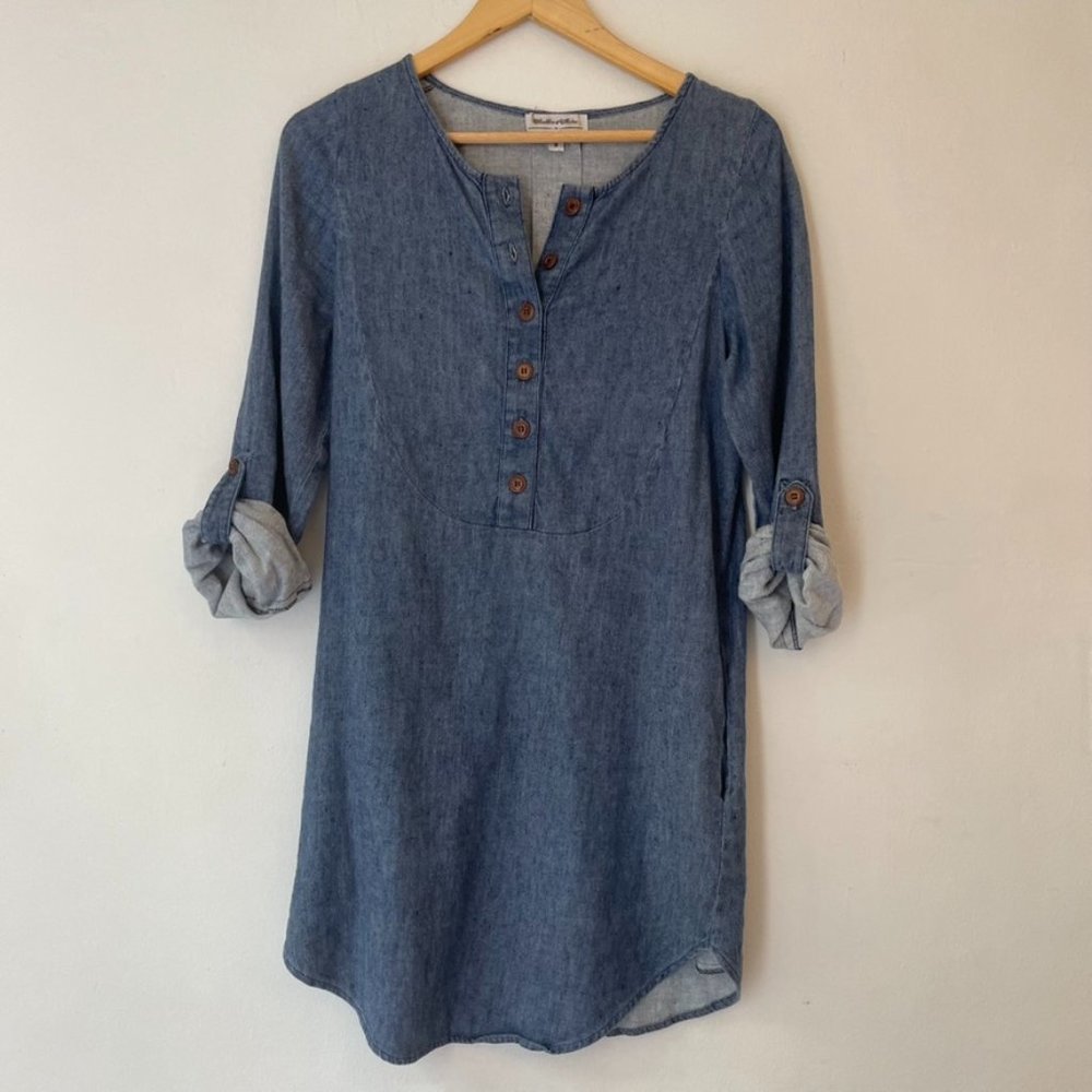 Soft Denim Short Dress w/ Wooden Buttons and POCKETS!
